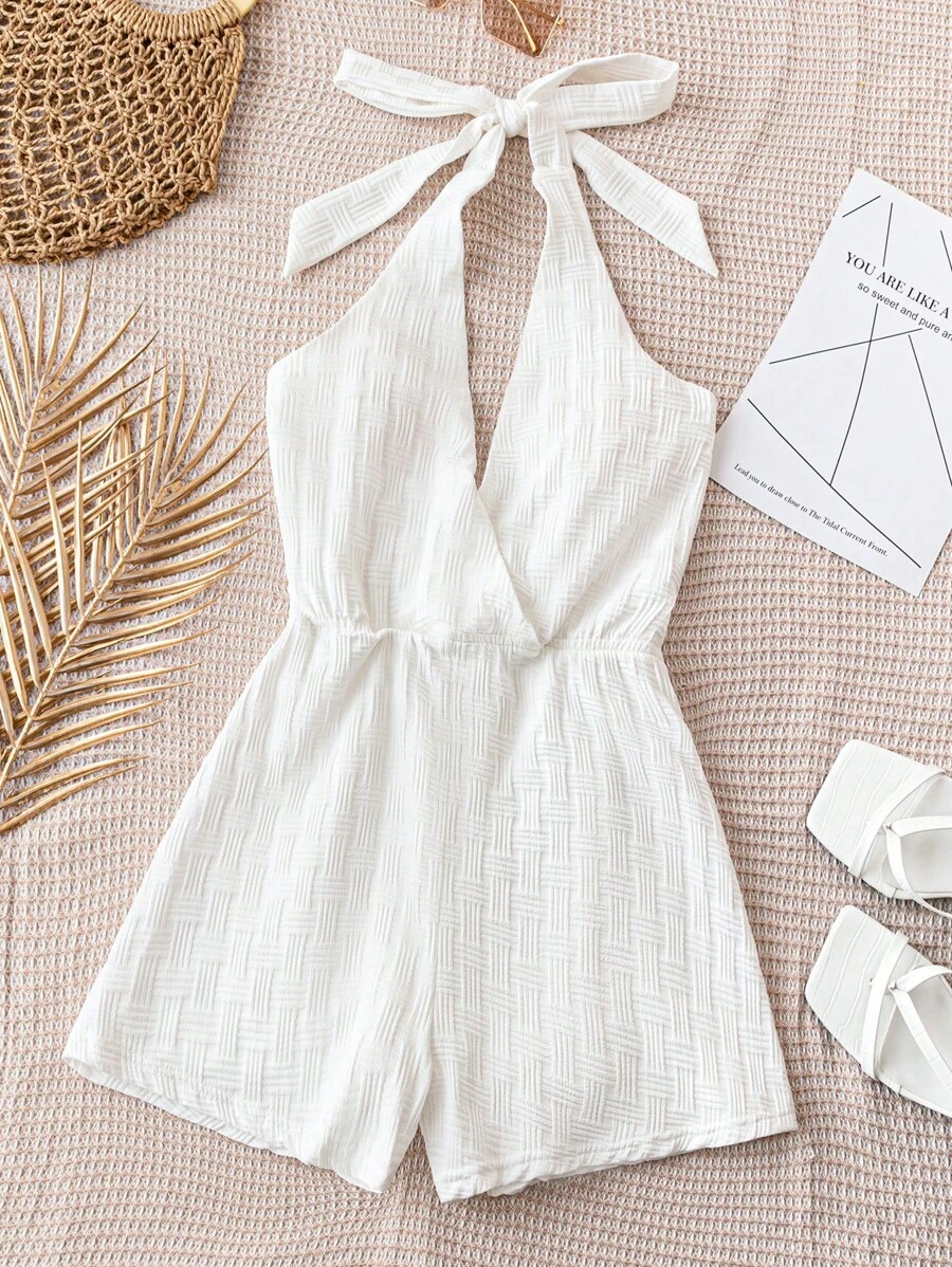 Soleia WYWH Women's Vacation Style White Textured V-Neck Front, Criss-Cross Back Bow Romper, Versatile Beach/Music Festival Summer Outfit, Bohemian