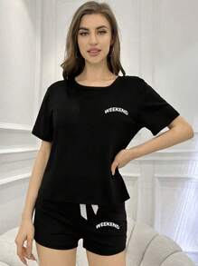 女士字母印花短袖T恤和短裤、睡衣套装（节日季）