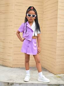 SHEIN Young Girl Asymmetrical Hem Top With Woven Contrast Color And Loose Shorts Set - Purple - View 3