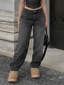 MYOURSA Casual Washed High Waist Loose Straight Leg Jeans - Black - View 6