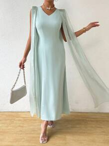 Rafferiza 女式 V 领闪亮飘逸长款绿色夏季优雅连衣裙长款女装 - 綠色 - 查看 6