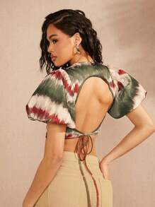 Hauture Backless Tie-Dye Puff Sleeve Top Brush Print - Multicolor - View 1