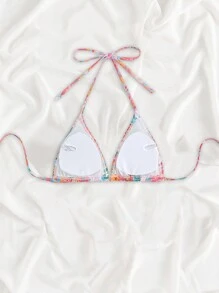 Swim Mod 女式頸掛式印花收紋比基尼上衣，隨機圖案，適合海灘假期，夏日海灘 - 彩色 - 查看 2