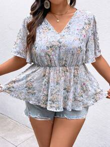 SHEIN Clasi Plus Size V-Neck Ditsy Floral Ruffle Sleeve Summer Vacation Shirt - Multicolor - View 4