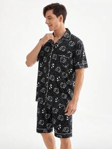 男士流行熊印花短袖衫和短褲家居服套裝 - 黑色 - 查看 4