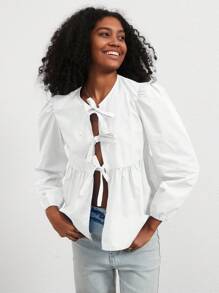 Camicia casual da donna con colletto rotondo, fiocco, orlo arricciato e maniche a sbuffo, in colori solidi misti