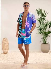 Manfinity VCAY Camisa casual de manga corta con estampado de plantas tropicales para hombre, para el verano