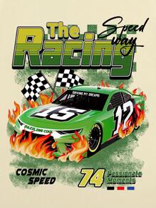 Manfinity EMRG Camiseta de manga corta con cuello redondo, estampado de coche de carreras y letras para verano