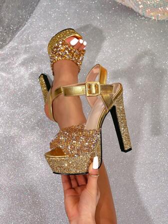 Silver Glitter-plattform för kvinnor med högklackade sandaler med hög klack