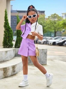 SHEIN Young Girl Asymmetrical Hem Top With Woven Contrast Color And Loose Shorts Set - Purple - View 7