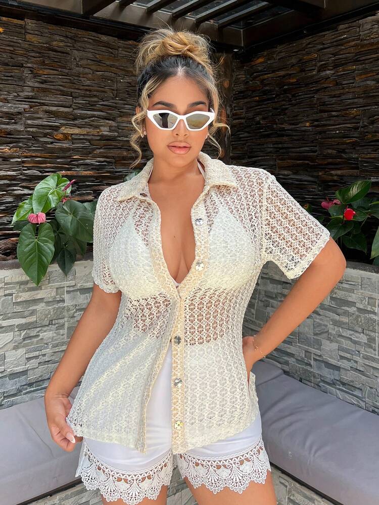 Women's Fashionable Solid Color Hollow Out Short Sleeve Top Summer Vacation Holiday Beach BOHO Sexy Boho Birthday Bachelorette Party