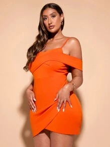 SHEIN BAE Plus Size Women's Summer Holiday Party Date Orange One-Shoulder Knitted Stretch Suspender Short Dress - Orange - View 2