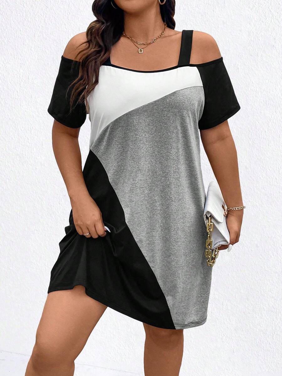 Plus Size Mở vai Colorblock Kỳ nghỉ hè Trang phục thường ngày - Nhiều màu - Xem 1