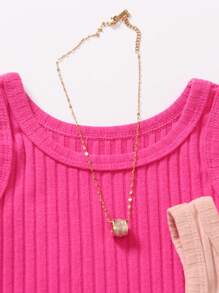 SHEIN Young Girl Summer Casual Solid-Colored Ribbed Knit Sleeveless Romper - Multicolor - View 3