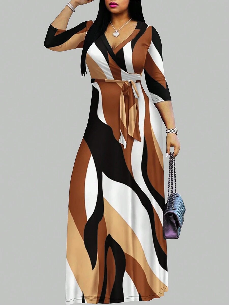Đầm nữ nhiều màu phối hợp, cổ chữ V sâu và thiết kế eo ôm, thanh lịch, thích hợp cho đi ăn tối, mua sắm và các dịp khác. - Cà phê nâu - Xem 1