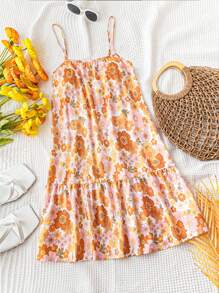Soleia 女士花卉印花A字型晃動背心連身裙，適用於度假和下午茶活動的休閒裝 - 彩色 - 查看 1