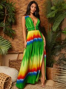 SHEIN SXY Vestidos maxi para mujeres teñidos con nudo dividido, vestido de vacaciones en la playa, ropa de mujer para vacaciones en la playa y ropa de mujer boho - Multicolor - Ver 5
