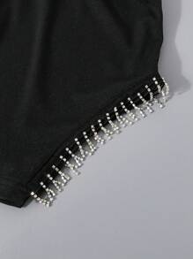 SHEIN Tween Girls' Rhinestone Tassel Tank Top And Split Skirt Outfit - Black - View 5