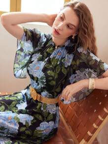 MOTF PREMIUM FLORAL PRINT FRILL MOCK NECK FLUTTER SLEEVE DRESS - Multicolor - View 4