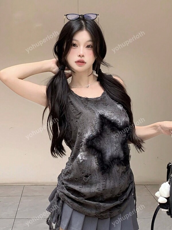 Functional Wasteland Style Loose Sweet And Hot Girl Star Embroidered Tank Top For Women, Summer, Sleeveless Drawstring Top