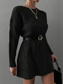 EURMUSE Cable Knit Split Hem Drop Shoulder Sweater Dress Without Belt - Black - View 4