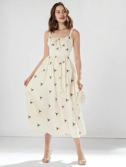 Enchnt Women's Elegant Summer Ditsy Floral Cinching Waist Cami Dress