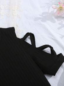 SHEIN Teen Girl, negru și kaki, cu mâneci încrucișate, pantaloni strâmți și cu picioare drepte, cu talie cu fundă Set 2 buc.