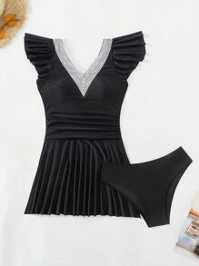 SHEIN Swim Lushore Váy che thân cổ chữ V xếp nếp xếp nếp kèm bộ bikini dành cho nữ - màu đen - Xem 4