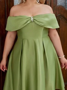 SHEIN Belle 加大碼3D手工花卉刺繡淺肩復活節假期甜美優雅鄉村風格雞尾酒派對連衣裙，小荳蔻綠色 - 綠色 - 查看 6