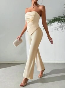 Chiquease Plunge Neck Solid Color Jumpsuit With Pleats, Simple Daily Wear - Apricot - View 7