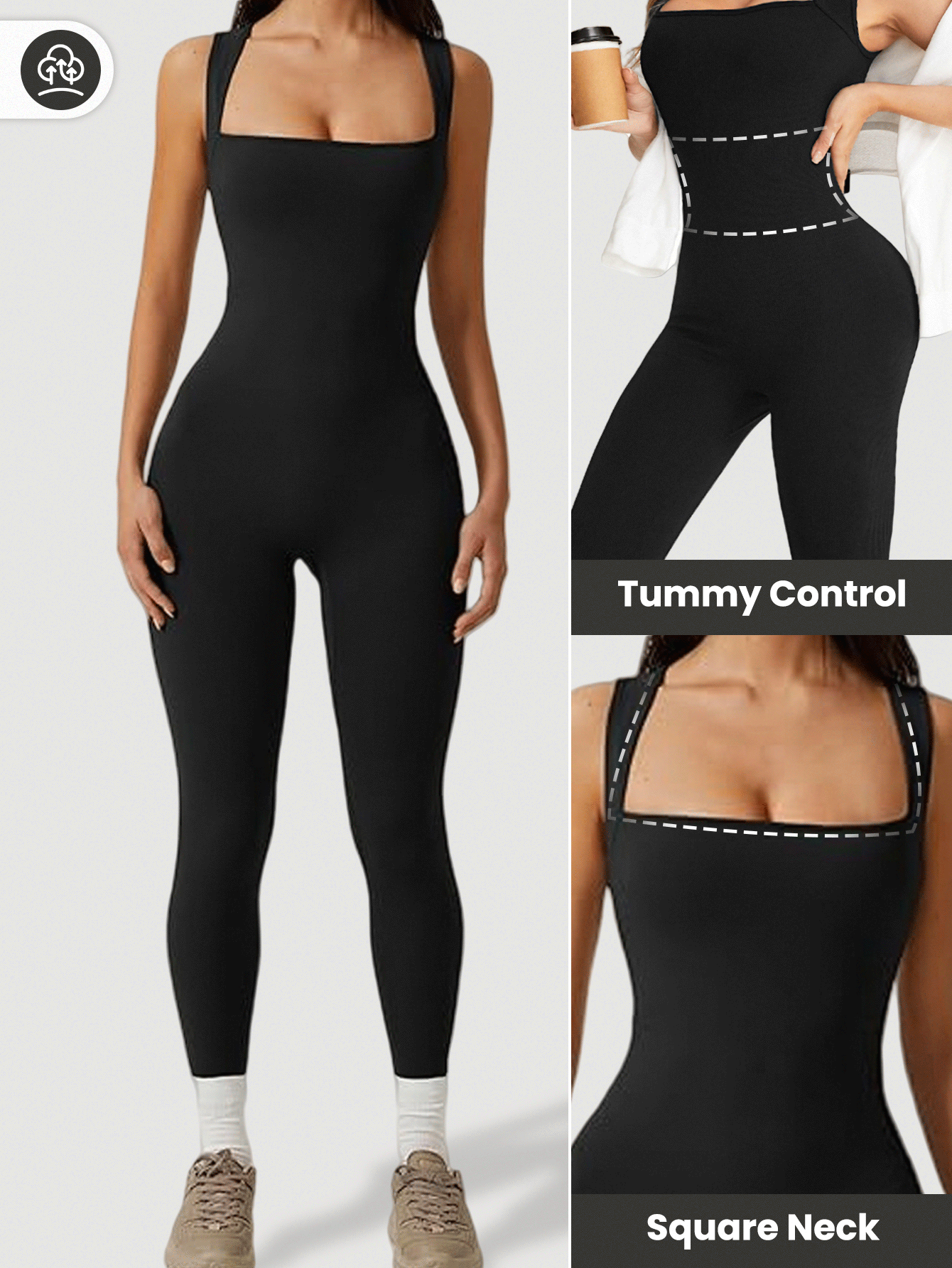 Seamluxe SHEIN Sport Damen einfarbiger Sport-Jumpsuit mit quadratischem Ausschnitt, enge Silhouette, Full-Body-Sport-Jumpsuit, Fitnessoutfit für Frauen