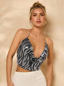 Glamine Top halter sin espalda con cuello drapeado de lámina de aluminio con patrón de cebra para fiesta de verano