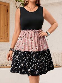 EMERY ROSE Summer Round Neck Floral Patchwork Sleeveless Lace Vacation Style Plus Size Dress - Multicolor - View 1