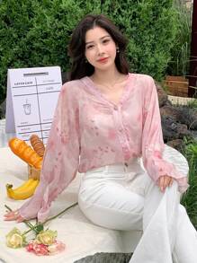 DAZY Women's Floral Print Chiffon Bell Sleeve Elegant Blouse,Ruffle Sheer