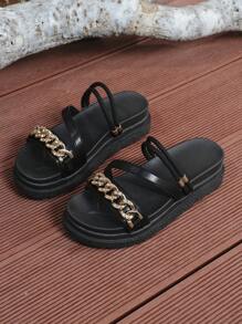 Sandales pour femmes grandes tailles printemps 2025 , semelle épaisse style européen et américain, chaussures de plage d'extérieur - Noir - Voir 3