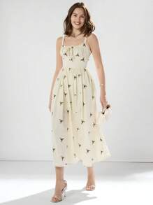 Enchnt Women's Elegant Summer Ditsy Floral Cinching Waist Cami Dress