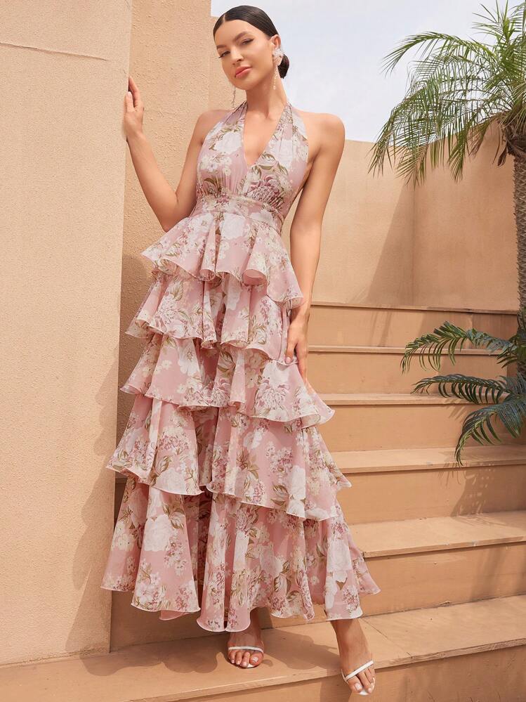 UNITHORSE Digital Watercolor Print V-Neck Backless Chiffon Floral Dress, Random Flower Pattern, Elegant & Lightweight, Layered Ruffle Hem, Suitable For Prom, Semi-Formal Occasions, Weddings, Birthdays, Graduations, Homecoming, Bridal Gowns, Ladies Birthday Outfits, Formal Dresses, School Uniforms, Etc. Pink - Pink - View 4