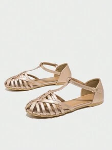 Women's Flat Hollow Roman Sandals With Straps - Champagne - View 5