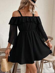Breezaya 女士优雅休闲露肩袖夏季连衣裙度假海滩装 - 黑色 - 查看 1