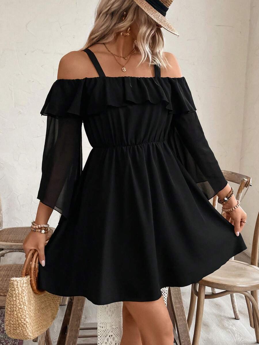 Breezaya 女士优雅休闲露肩袖夏季连衣裙度假海滩装 - 黑色 - 查看 1