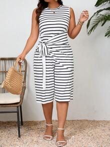 SHEIN Essnce Plus Size Women Striped Printed Simplistic Sleeveless Jumpsuit For Daily Wear, Summer - Black and White - View 1