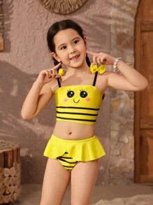 年轻女孩拼色条纹卡通印花比基尼套装海滩度假夏日海滩 - 黃色 - 查看 4