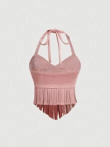 SHEIN MOD 复古棕色麂皮流苏挂脖女式上衣