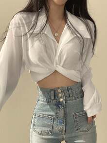 法式小众设计系带蝴蝶结复古露脐短衬衫上衣 - 白色 - 查看 6