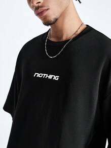 Manfinity NXTstreet Áo thun nam tay ngắn dệt kim có đính kim cương giả và in họa tiết tiếng Anh, thích hợp cho mùa hè - màu đen - Xem 5