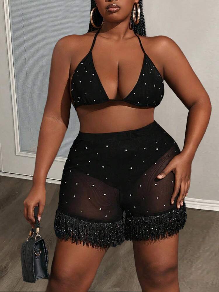 Plus Music Festival Elastic Knit Mesh Black See-Through Hot Drilling Bikini Tassel Shorts Set