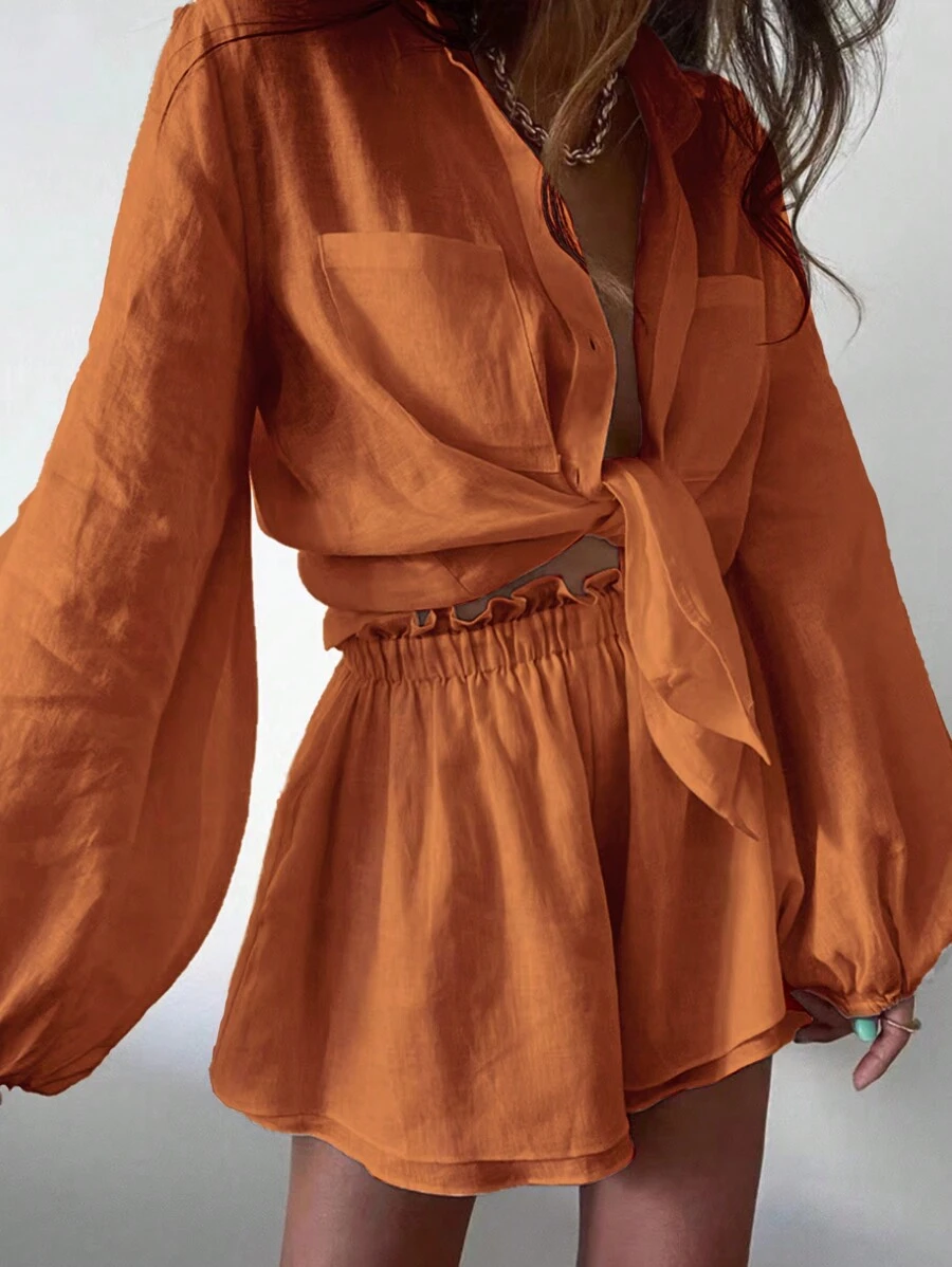 Breezaya Ladies' Vacation Style Solid Color Lantern Sleeve Shirt And Shorts Two Pieces Set - Orange - View 1