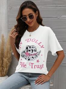 SHEIN LUNE Camiseta casual de manga corta holgada con cuello redondo, estampado de sombrero con eslogan de verano para mujer