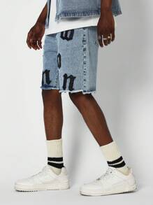 SUMWON 牛仔短裤贴花牛仔短裤 - 藍色 - 查看 2