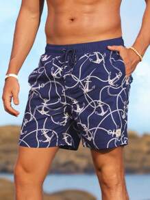 Manfinity RSRT Men's Drawstring Waist Loose Beach Shorts With Chain Print, Summer Vacation Style - Blue - View 1